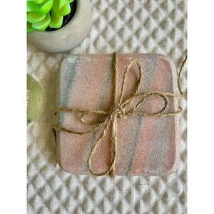 New Natural Marble Pink-Peach & Gray Square Chunky Stone Coasters Set of 2